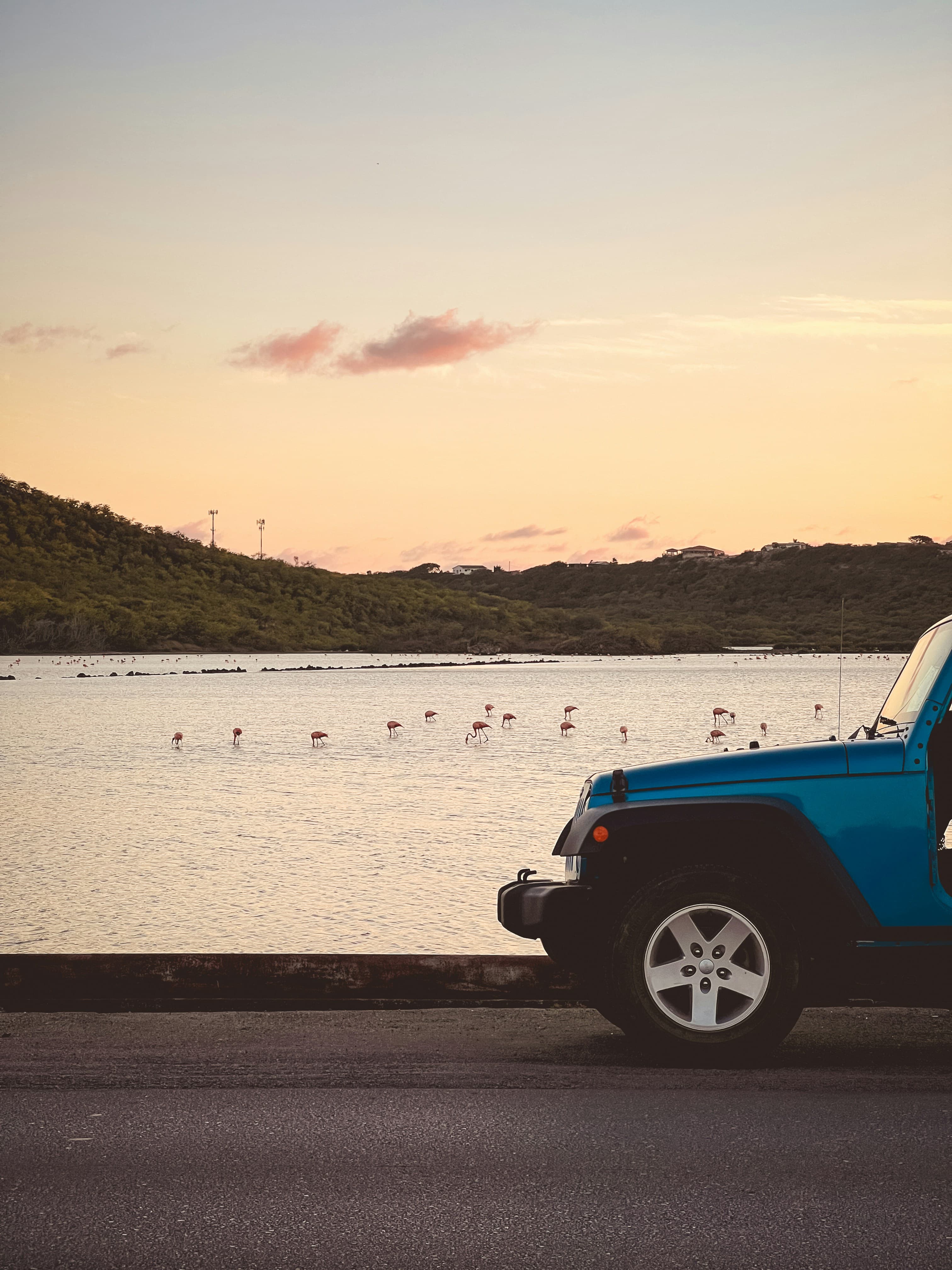 Blue jeep at sunset lagoon